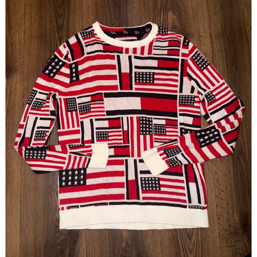 Tommy Hilfiger Sweater Mens Small Red White Blue Excellent American Flag Print